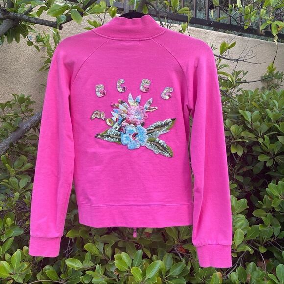 đ§„BCBGâSportâPink Zip-UpâSweatshirtâSzâSmallâwithâFloralâEmbellishments - Picture 2 of 8
